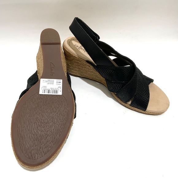 Clarks Lafley Krissy Black Leather Ankle Strap Wedge Sandal Platform Espadrilles - Picture 4 of 7